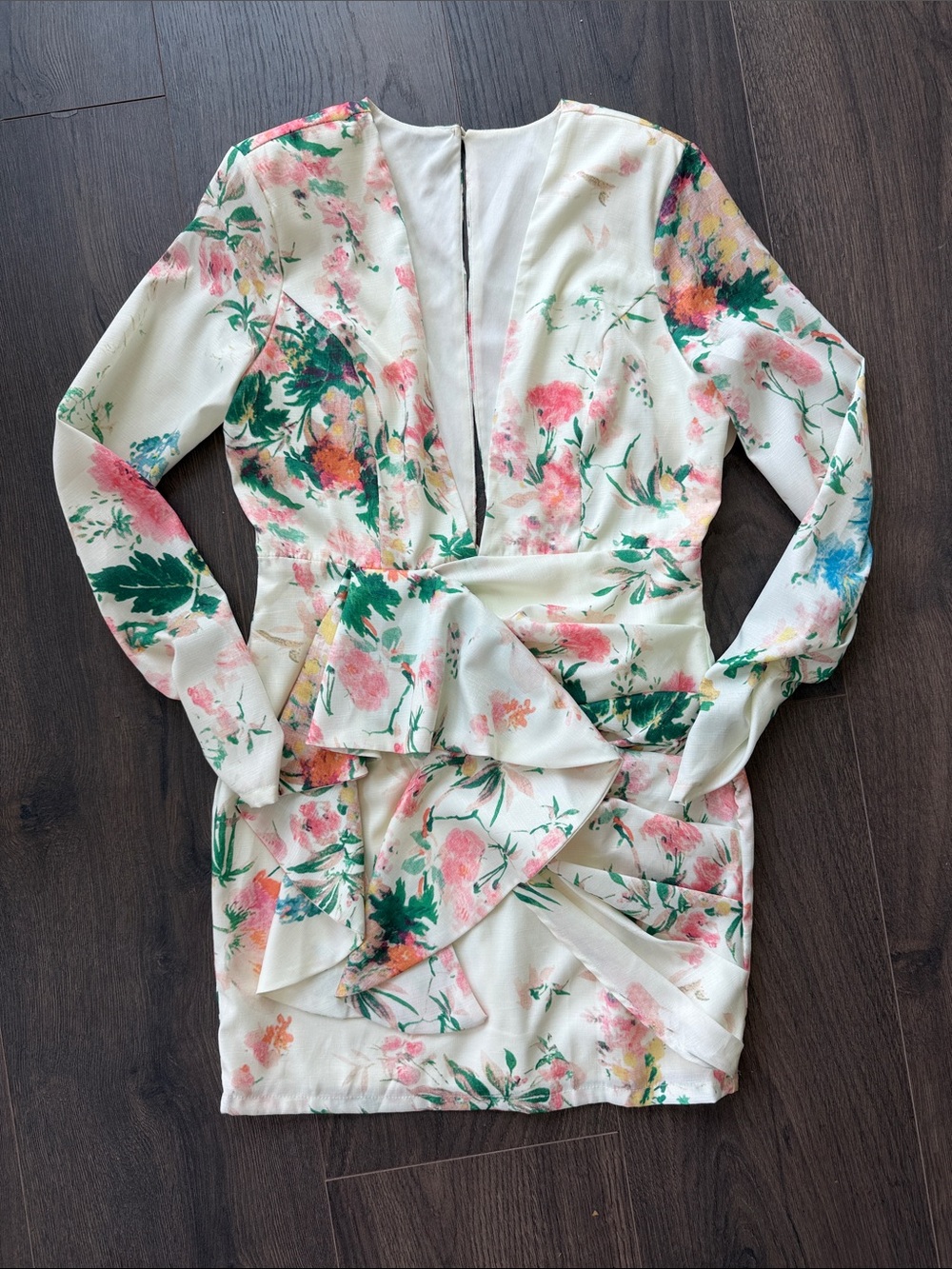 Vici Cream Floral Long Sleeve Ruffle Mini Dress with Pink & Green